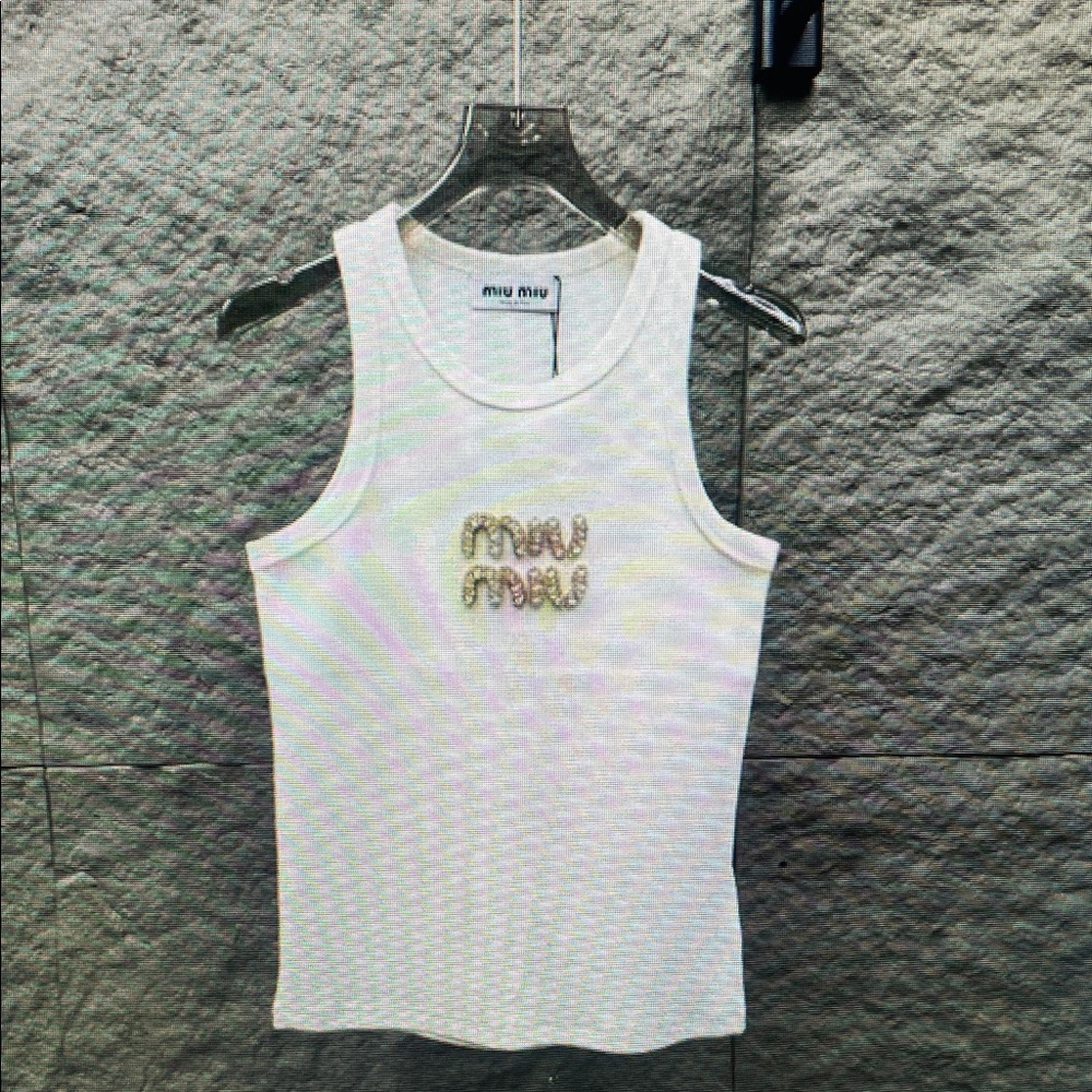 Miu Miu White Ribbed Tank with Gold Beaded Logo